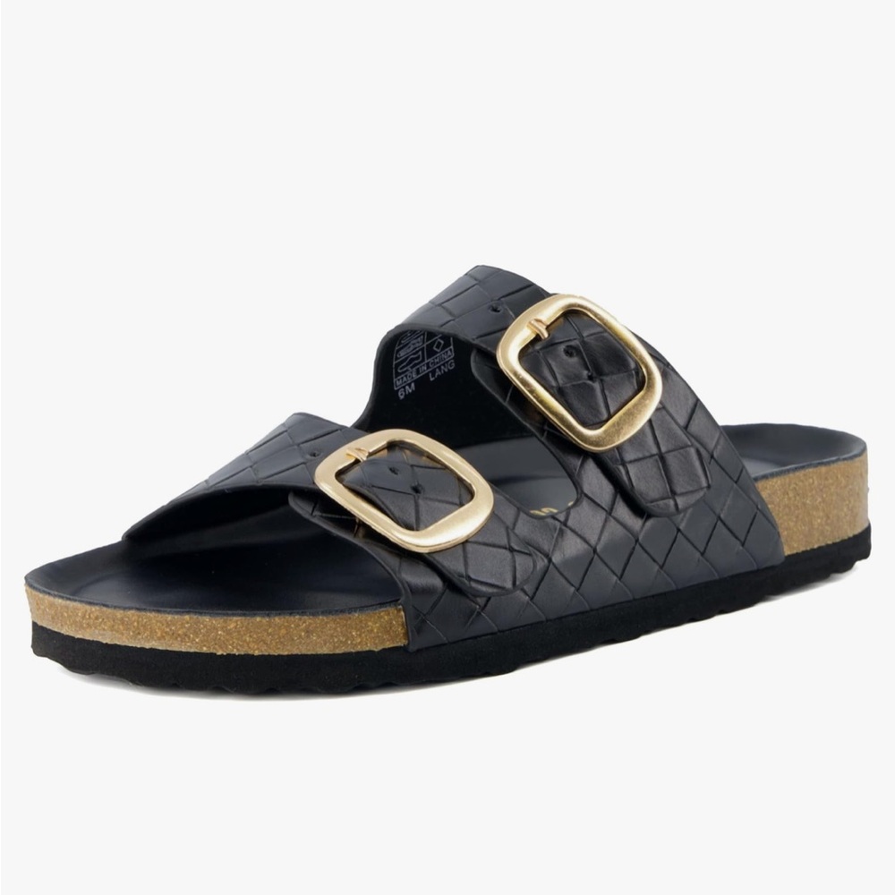 Cushionaire Black Sandals with Gold Buckles